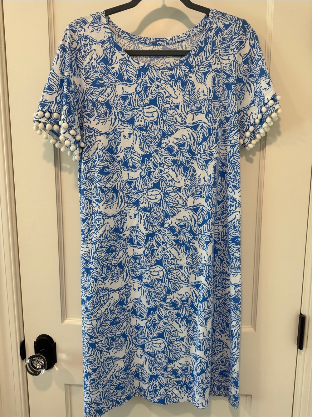 Lilly Pulitzer White and Blue Floral Pom-Pom Sleeve Dress